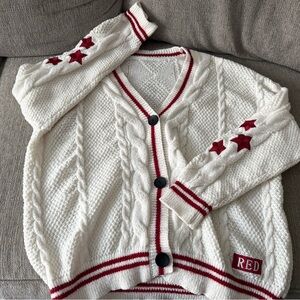 Red Women's Ivory Cable Knit Cardigan with Star Accents